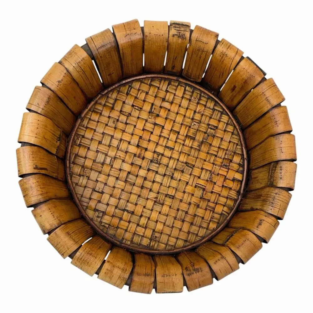 Vintage Hand Woven Wooden Bent Bamboo Slats Fruit Basket/Serving Tray 15”x4.5”